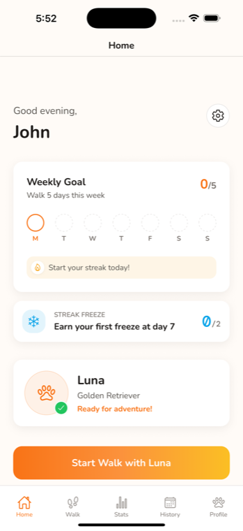 PawStreak app home screen showing a dog walking dashboard